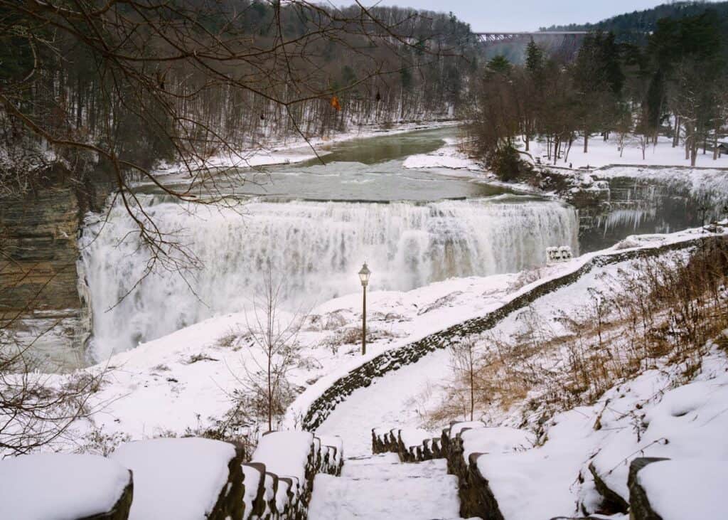 ice-covered Thunderbird Falls in winter