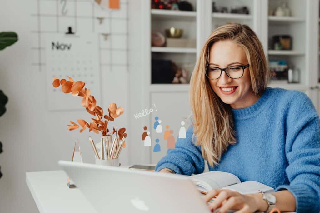 happy person booking flight on laptop