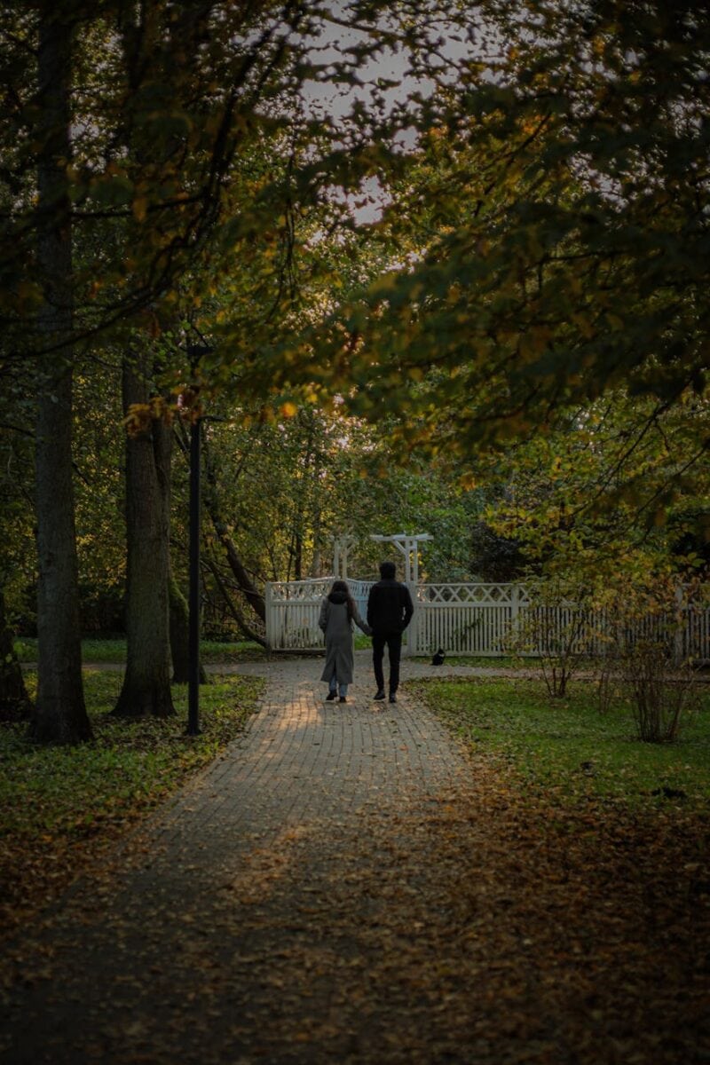 romantic autumn walk on a leaf covered path