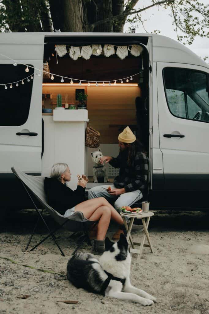 A dog on a leash next to an RV.
