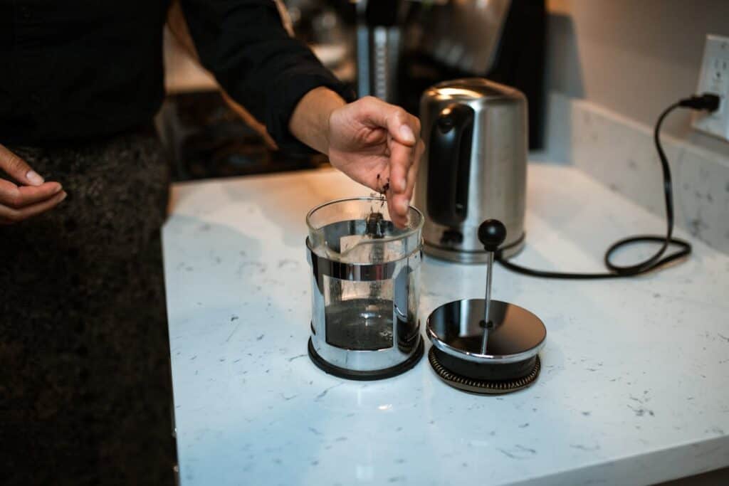 French press on a kitchen counter.