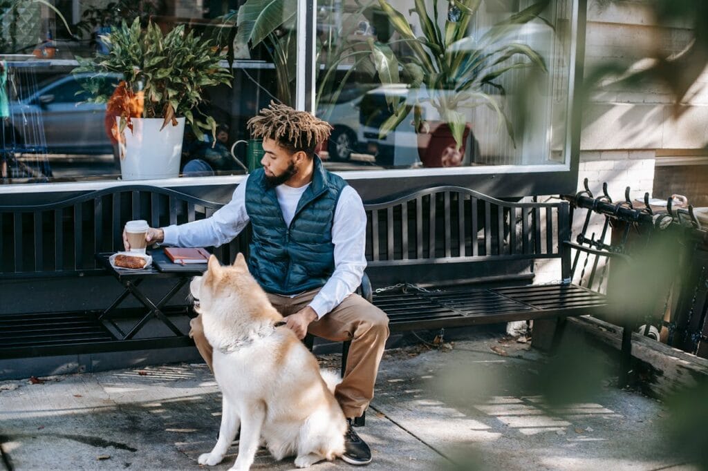 Owner sitting outside with dog at a roadside café
