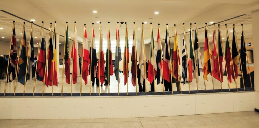 international flags in embassy hall