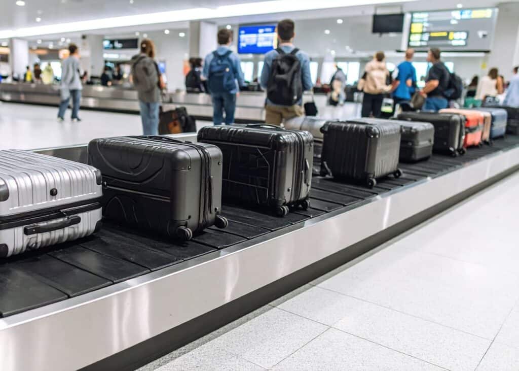 Travelers standing at the start of the baggage belt watching for luggage