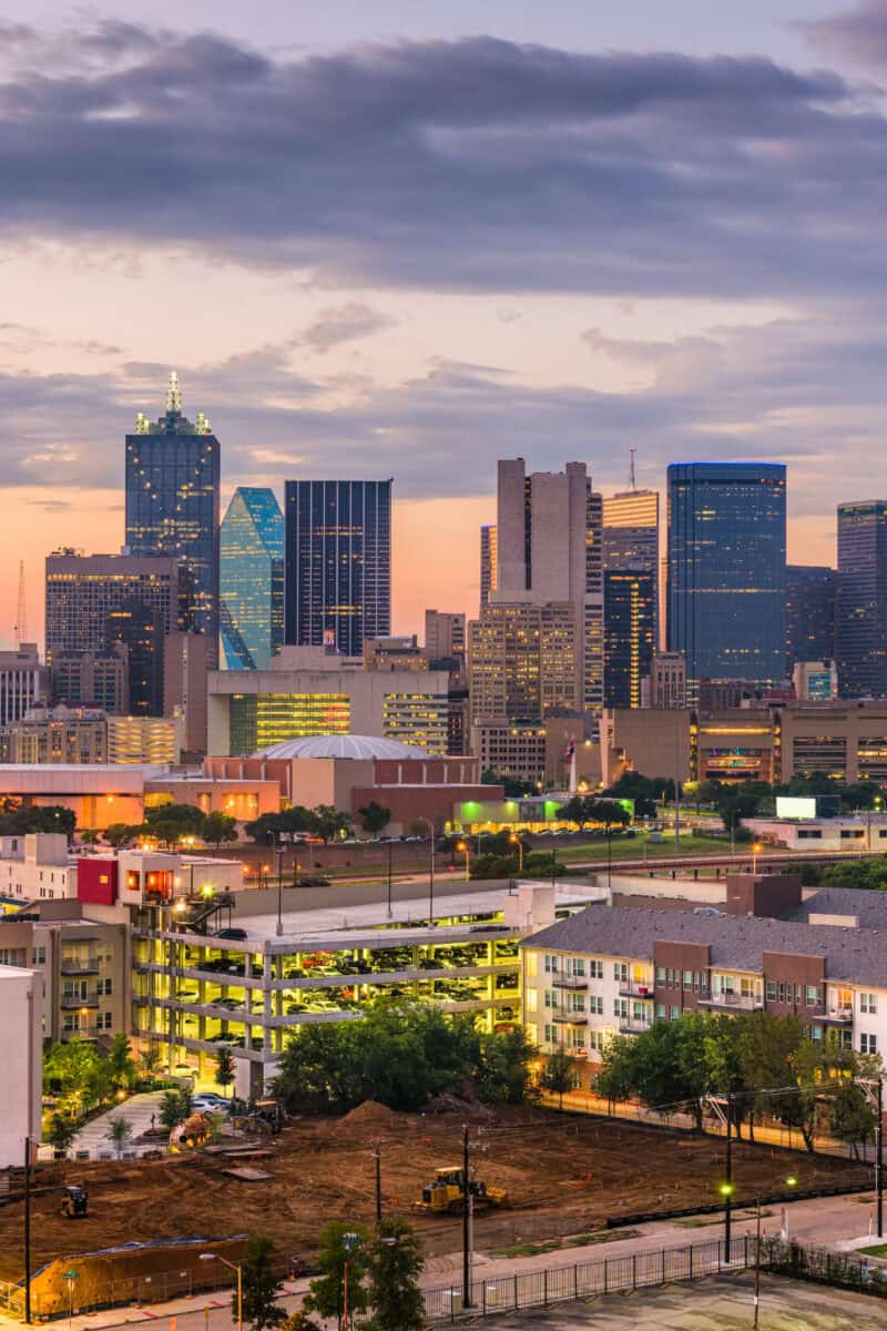 aerial Texas city skyline night lights