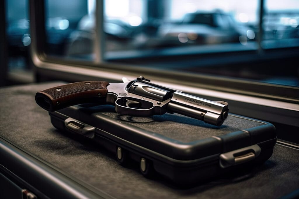 A big revolver on the case with a blurred city background can evoke a sense of danger and intrigue, reminiscent of classic film noir. Generative AI