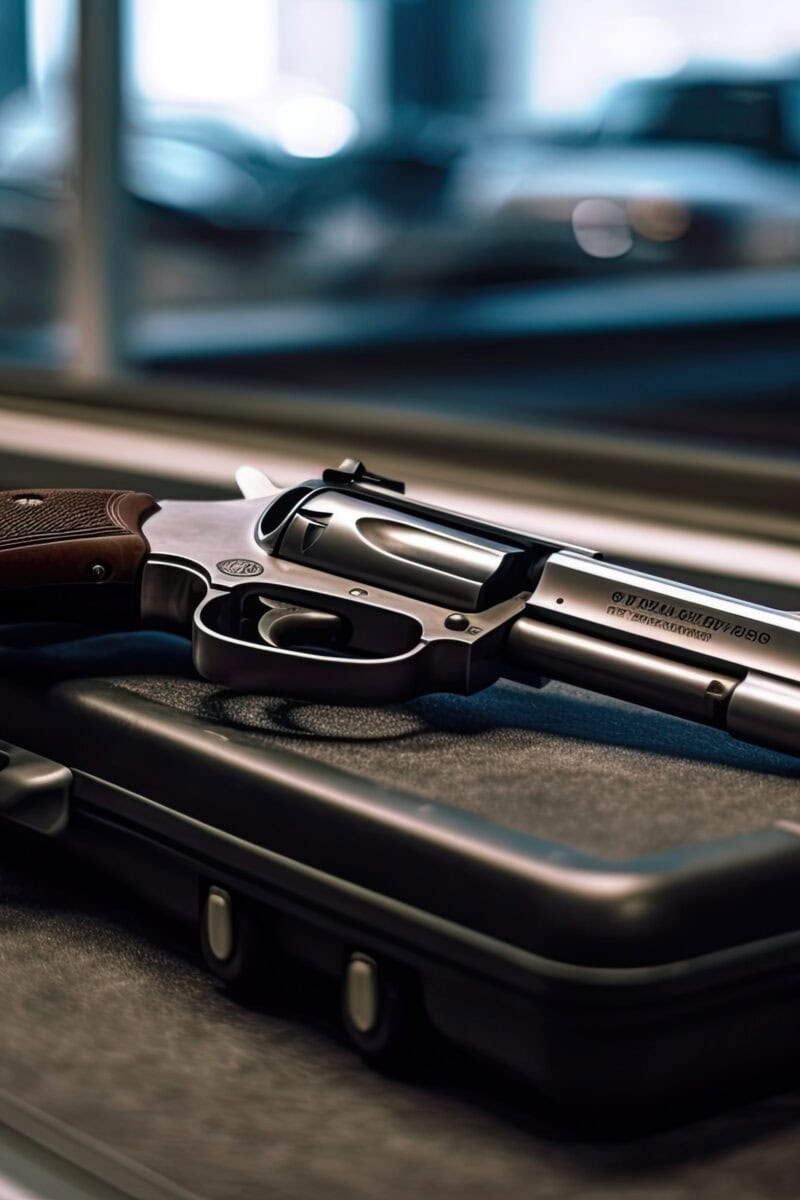 A big revolver on the case with a blurred city background can evoke a sense of danger and intrigue, reminiscent of classic film noir. Generative AI