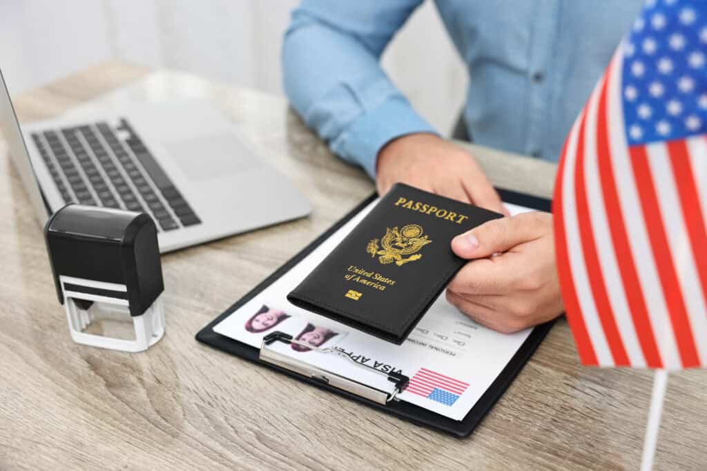 traveler checking visa documents airport