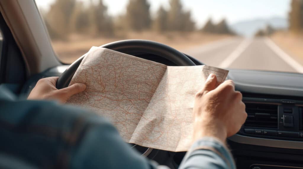 driver reading large fold out map while driving vintage car”