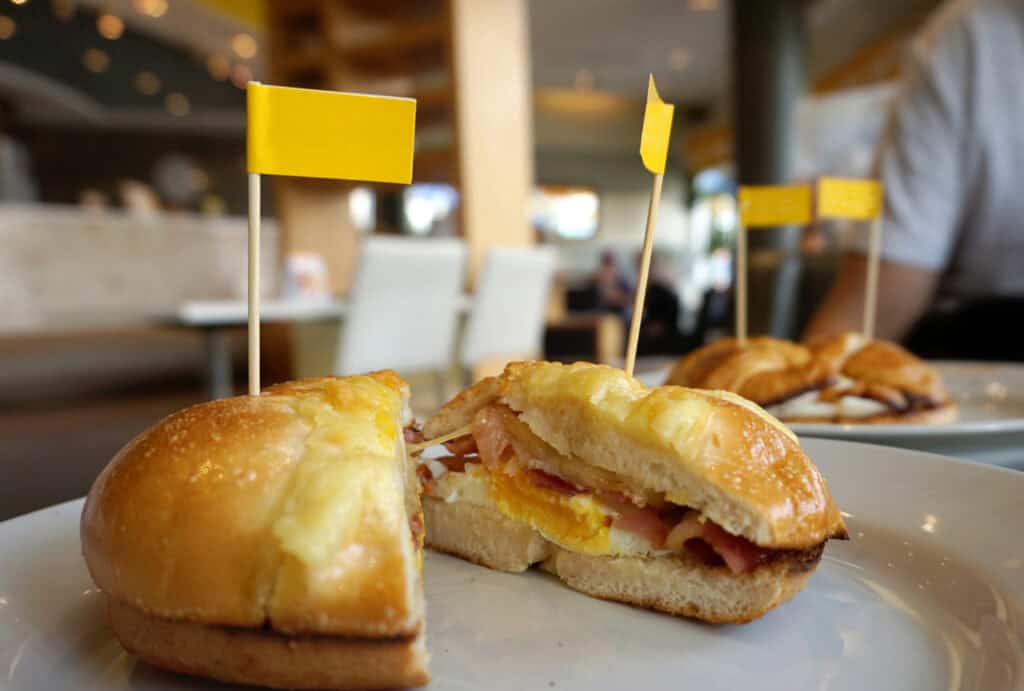 airport heat lamp breakfast sandwich