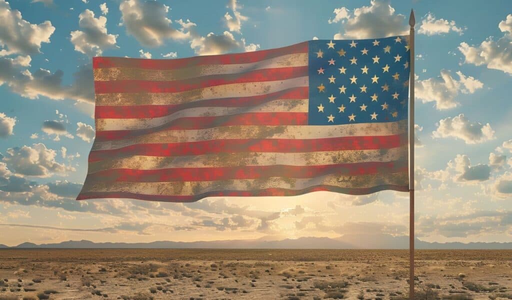 A weathered American flag stands tall against a vibrant desert sunset, symbolizing resilience and national pride.