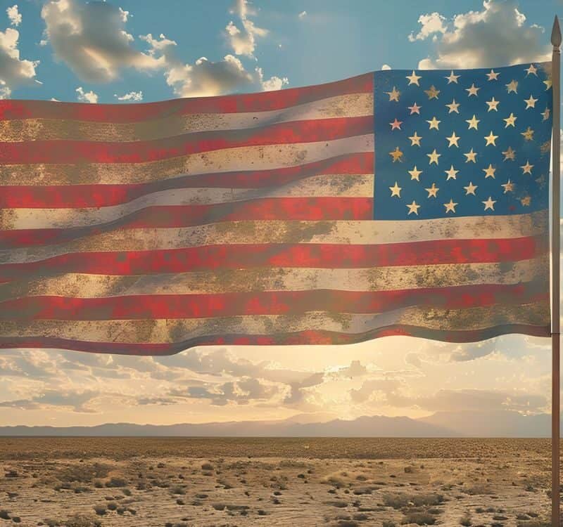 A weathered American flag stands tall against a vibrant desert sunset, symbolizing resilience and national pride.