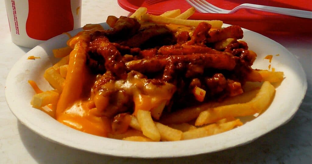 Chili Cheese Fries In A Red Basket