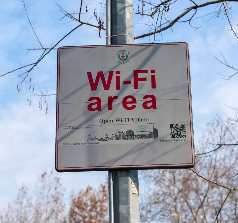 Free Wi-Fi sign. Wifi area sign at a Milan public park, Italy. Free wifi concept