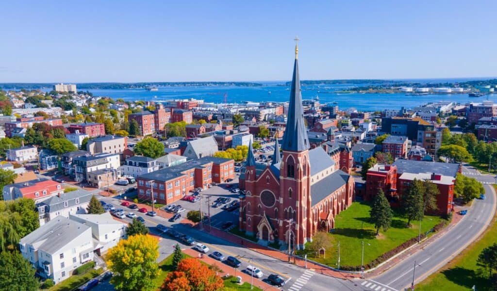 Portland Cathedral of the Immaculate Conception at 307 Congress Street in downtown Portland, Maine ME, USA