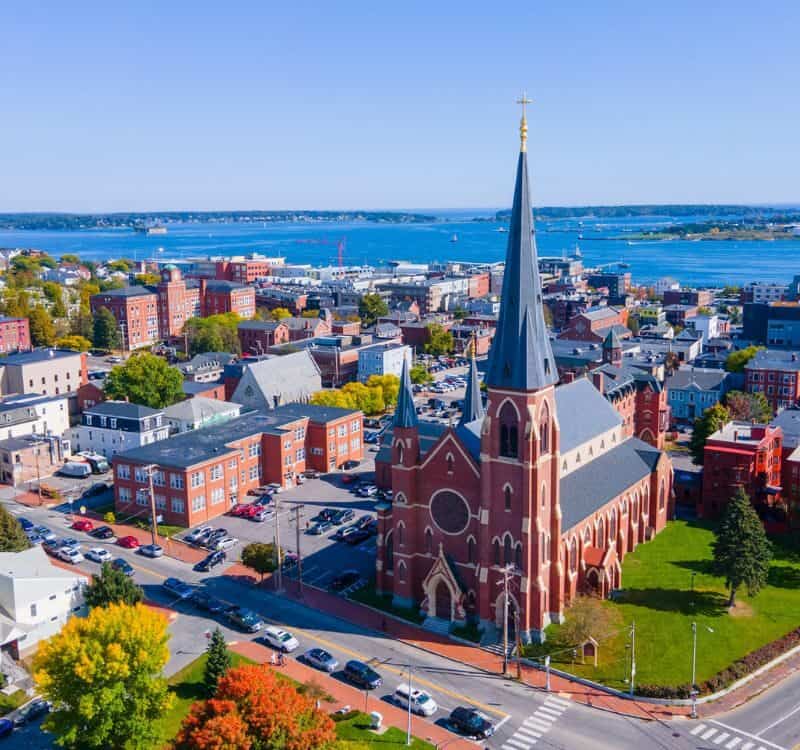 Portland Cathedral of the Immaculate Conception at 307 Congress Street in downtown Portland, Maine ME, USA