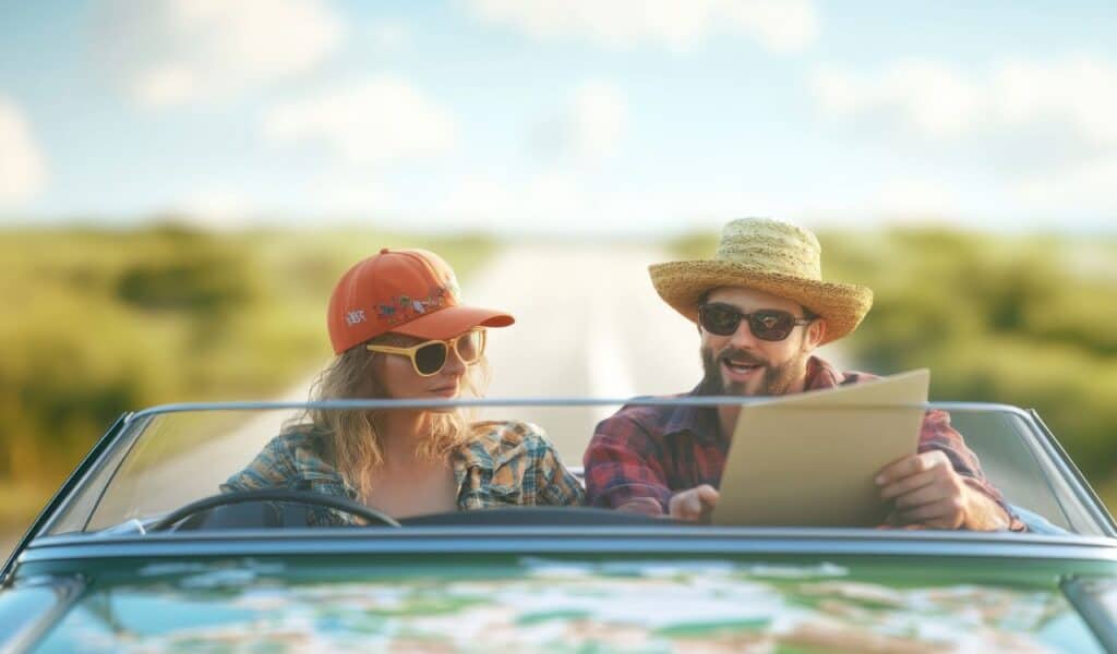 Two travelers in a convertible are examining a map under the bright sky, enjoying their adventure together.
