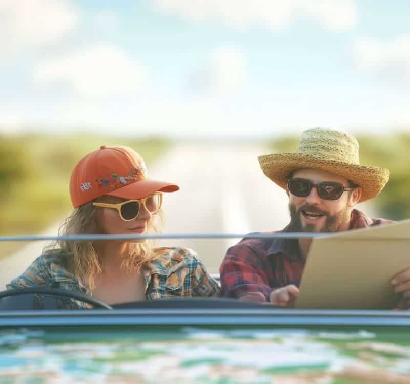 Two travelers in a convertible are examining a map under the bright sky, enjoying their adventure together.