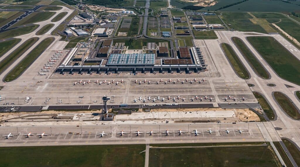 major airport hub aerial view multiple runways