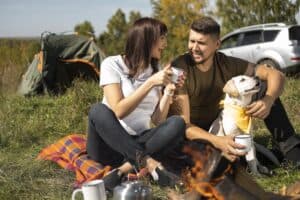 dog off leash campground, dog roaming campsite tents, dog running near tents forest