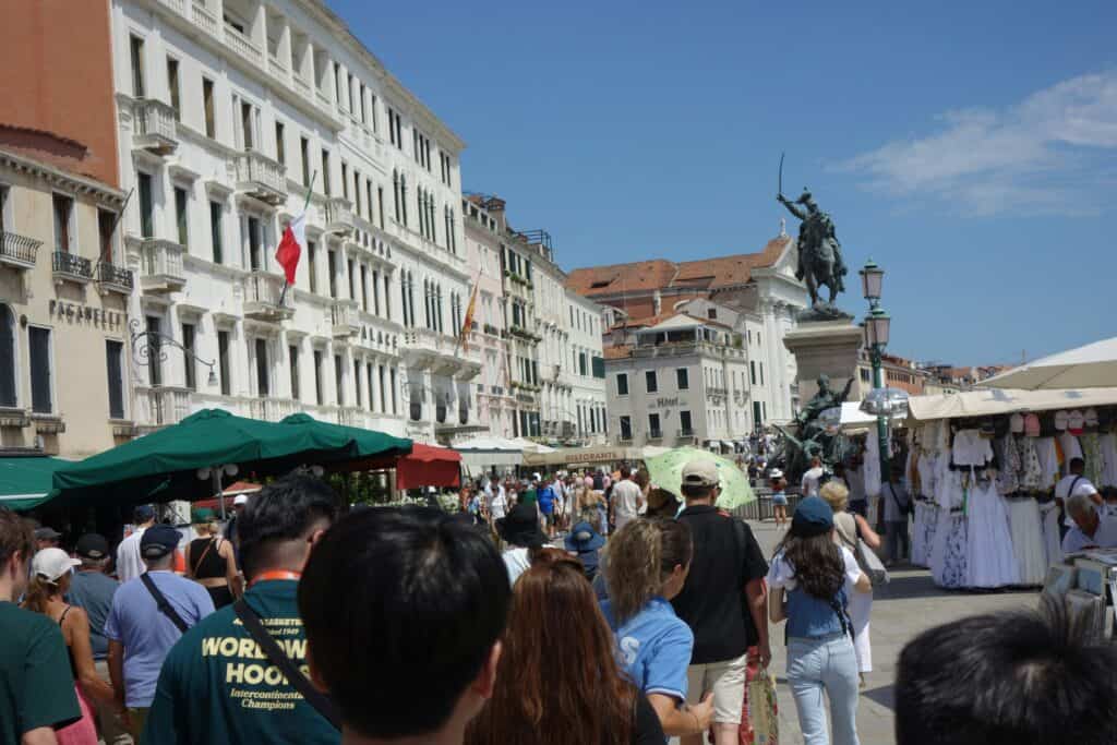 tourists crowding a small downtown