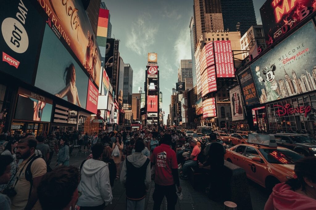 New York Times Square crowded tourists night