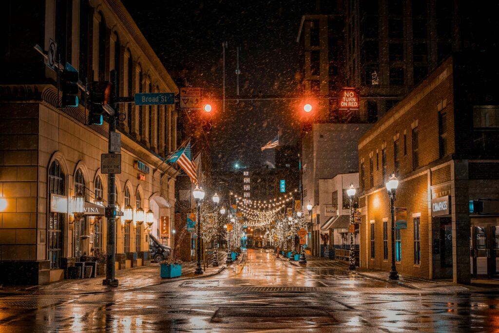 Northeast USA snowy Christmas morning town
