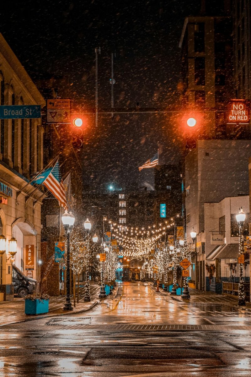 Northeast USA snowy Christmas morning town