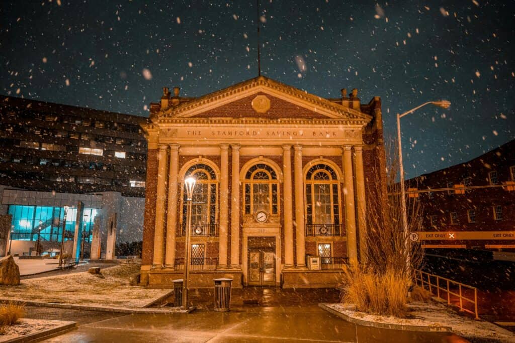 Northeast USA snowy Christmas morning town