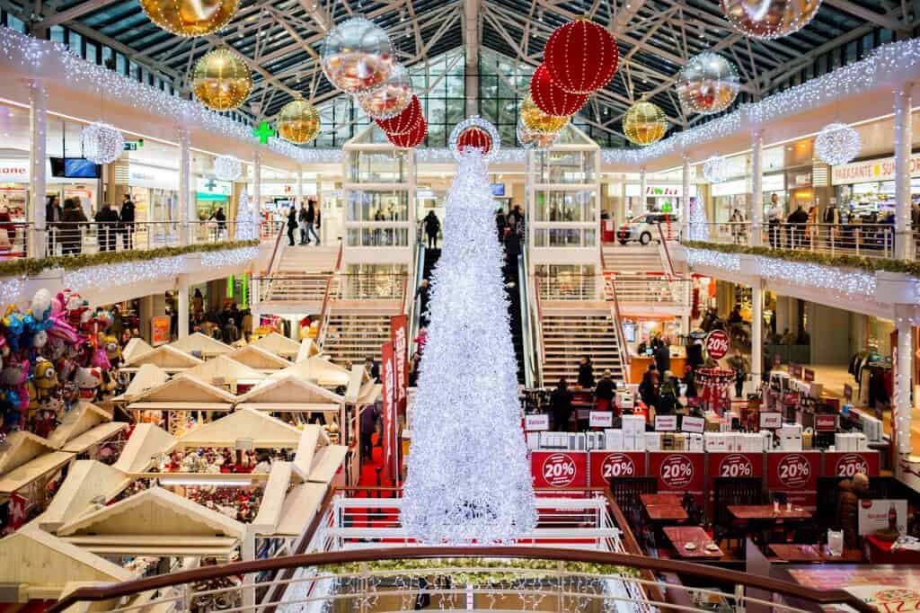 shopping mall interior holiday decorations crowd