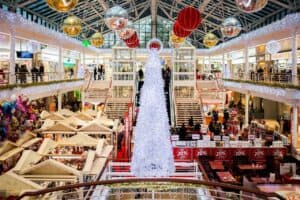 shopping mall interior holiday decorations crowd