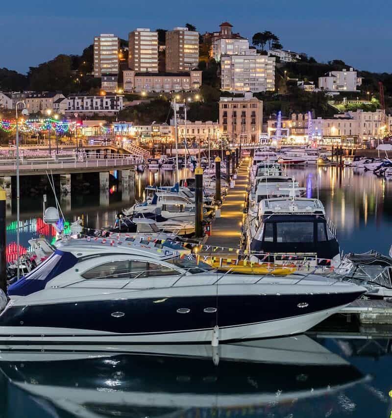 busy New England harbor autumn