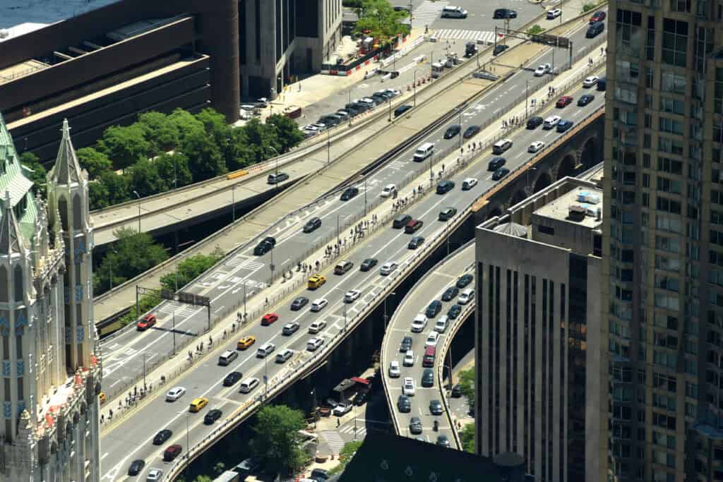 rush hour freeway traffic aerial view