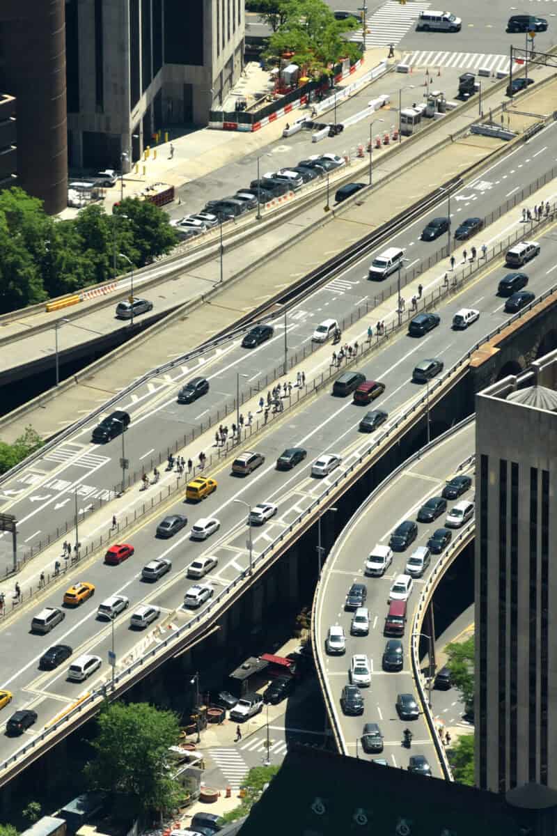 rush hour freeway traffic aerial view