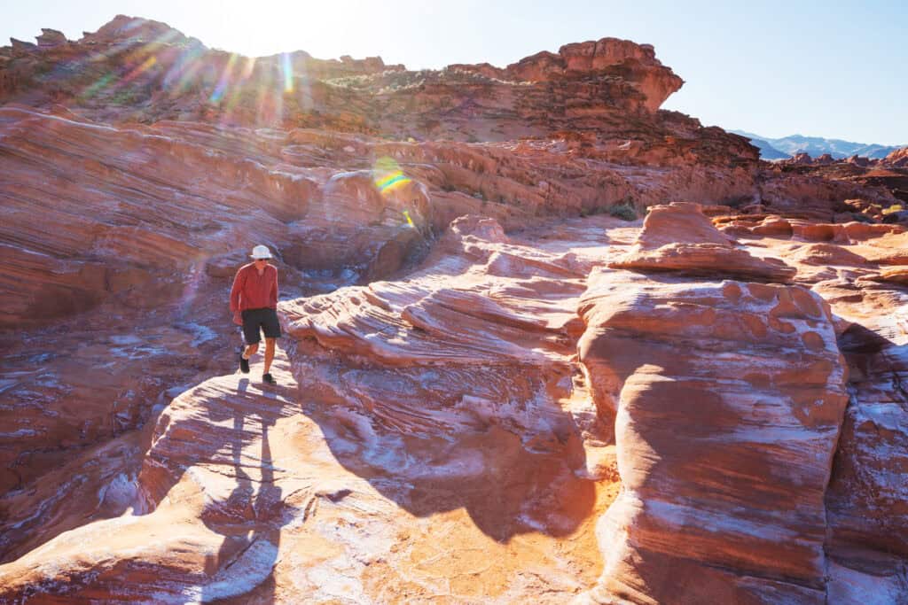 hiker walking desert canyon midday heat shimmering rocks”