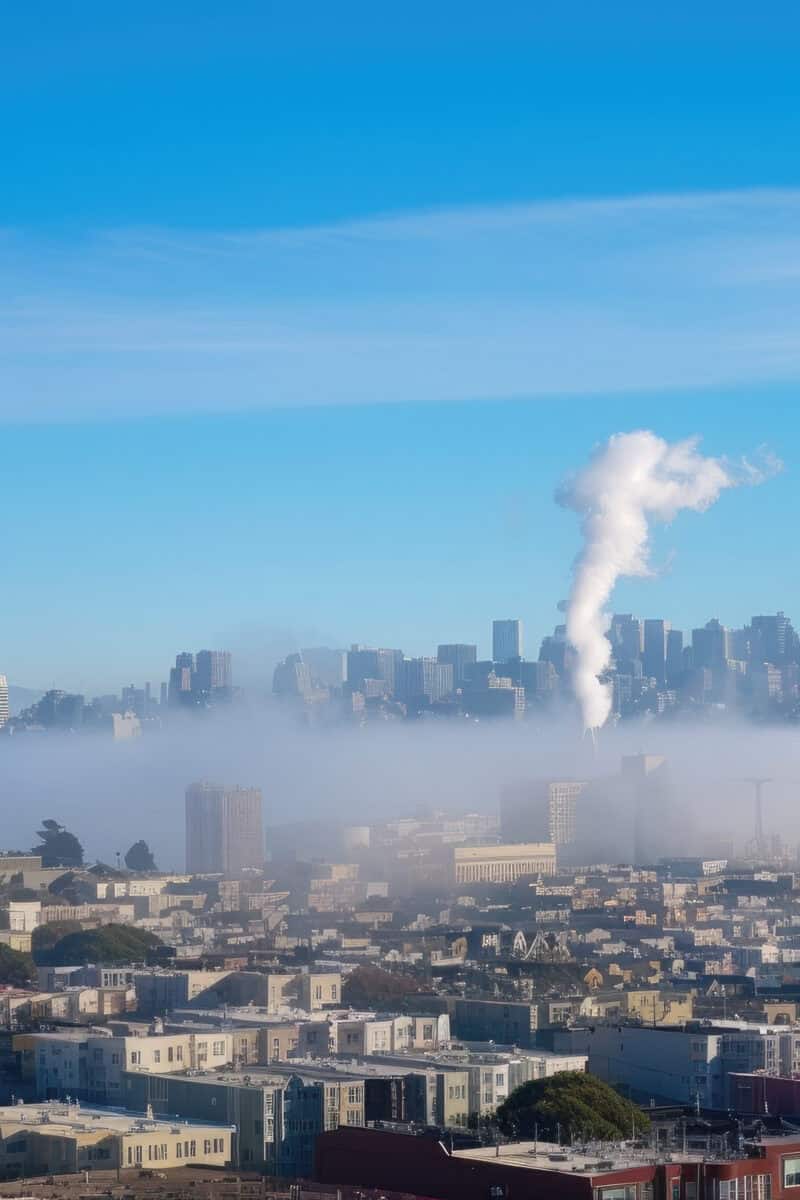 smoke plume and distant city skyline