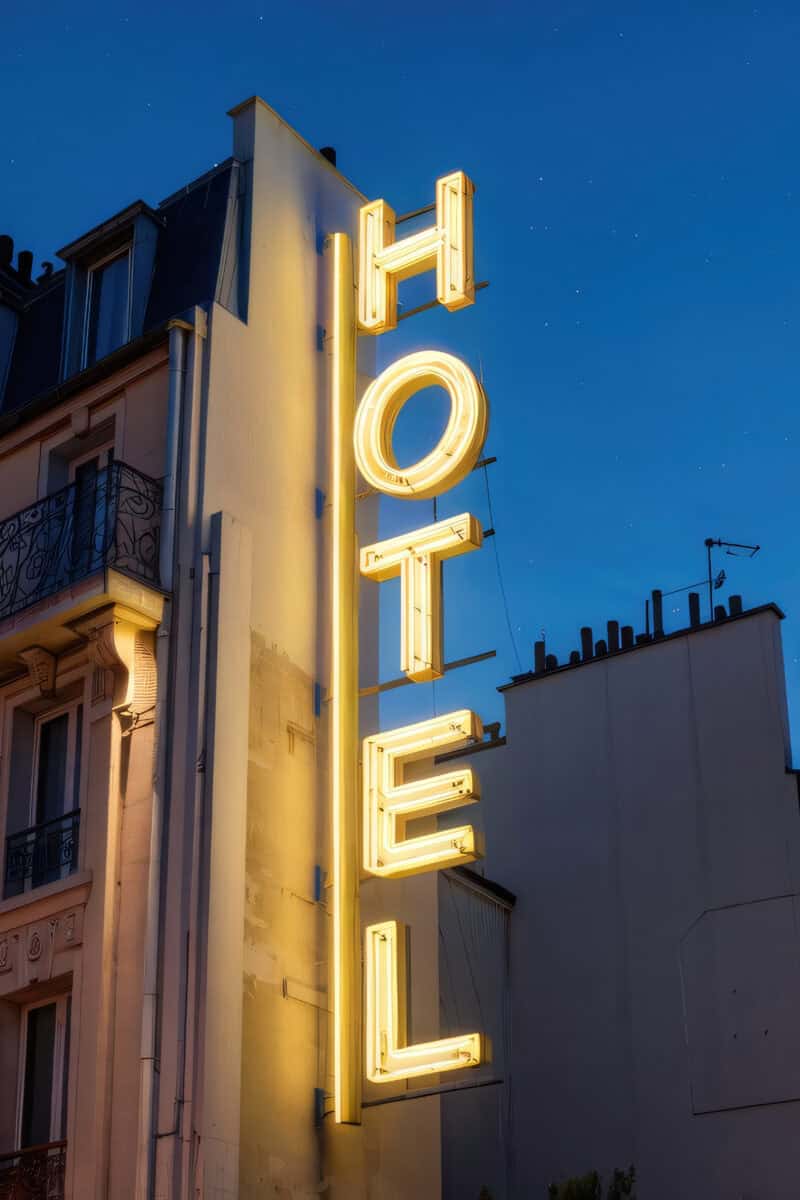hotel neon sign glowing in twilight cityscape