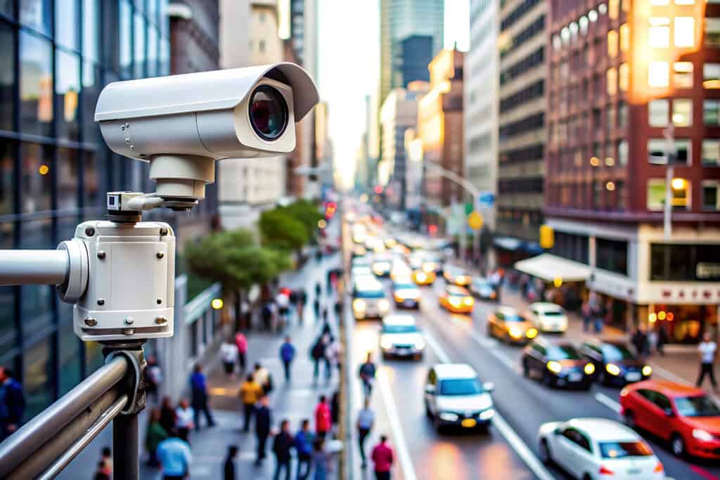 crowd under surveillance cameras city street