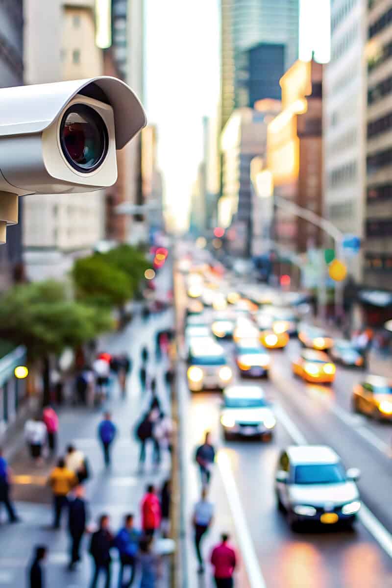crowd under surveillance cameras city street