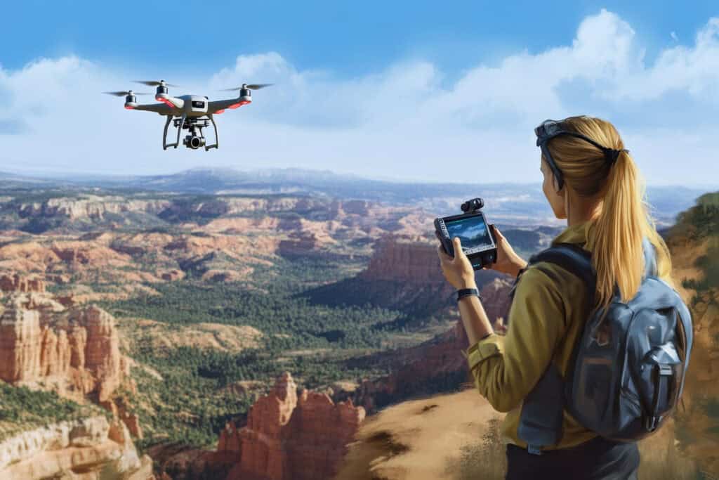 A person controls a drone above a stunning desert canyon, showcasing the vast natural beauty of the area.