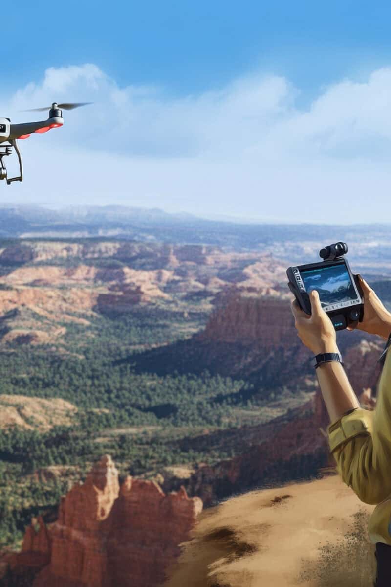 A person controls a drone above a stunning desert canyon, showcasing the vast natural beauty of the area.