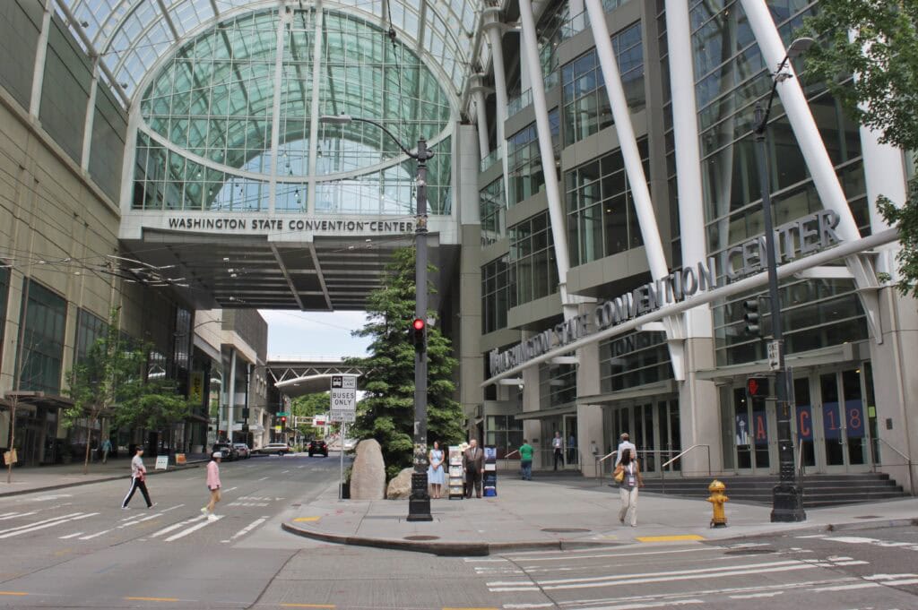 The main entrance to the Washington State Convention Center, seen from 7th Avenue at Pike Street