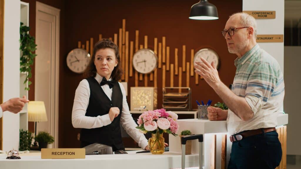 older traveler arguing with service staff