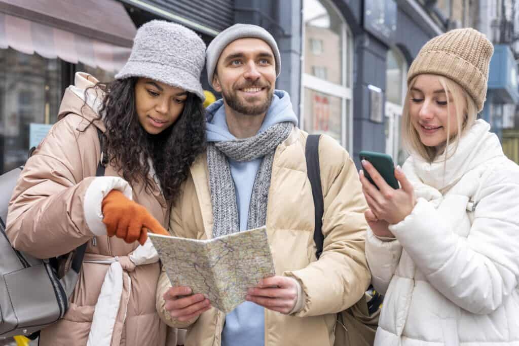 tourists with guidebooks and smartphones mix conflict”