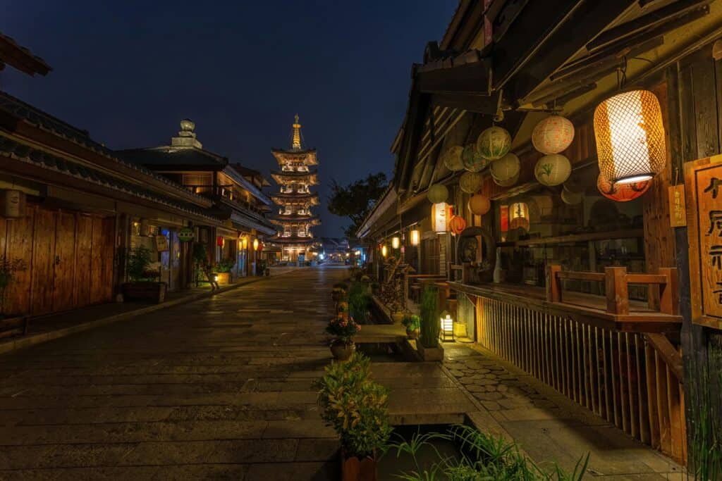 “Kyoto traditional ryokan exterior night