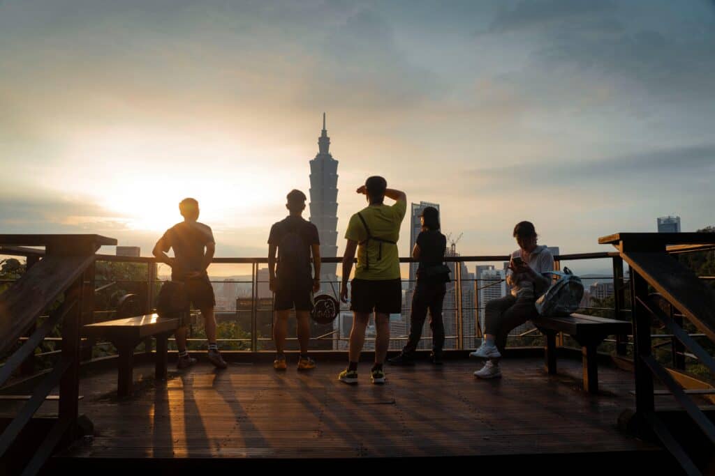 family sunrise sightseeing city skyline
