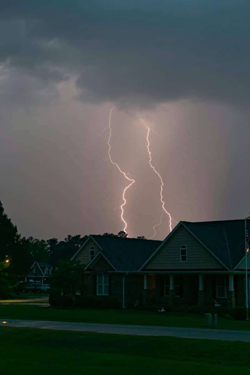 suburban home under dark storm clouds with clipboard inspection