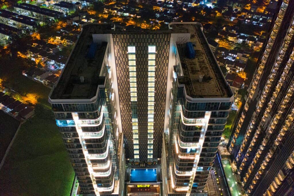 beachfront condo high-rise at night