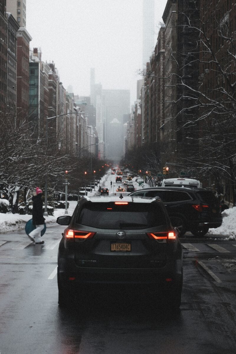 mountain town traffic winter evening