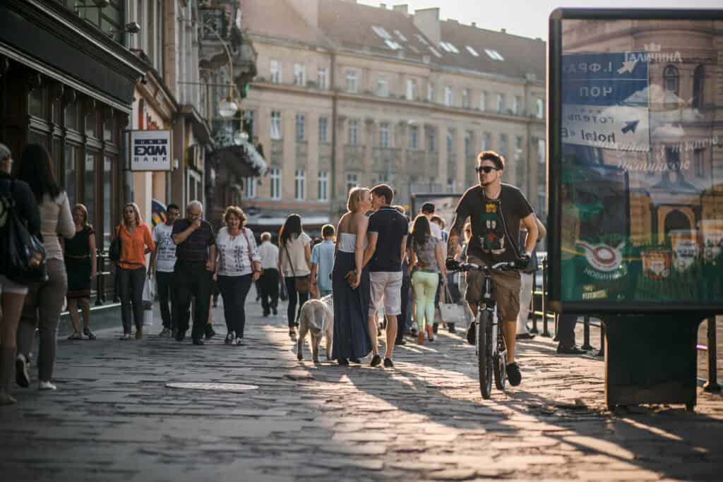 tourists blocking sidewalk Europe”